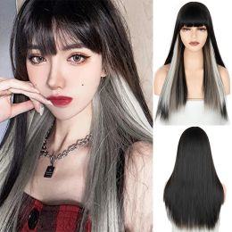 Wigs Synthetic Wig Long Straight Long Wig Bangs Mixed Black and White Wig Heatresistant Fiber Suitable For Women