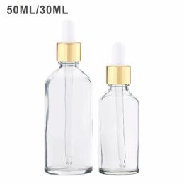 Bottles 14/28PCS 30/50ml Gold Dropper Bottle 1oz2oz Essential Oil Glass Aromatherapy Liquid Drop for Massage Pipette Bottles Refillable