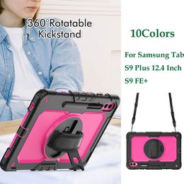 360 Rotating Hand Strap Kickstand Case For Samsung Galaxy Tab S9 FE+ S9Plus 12.4 inch S9+ Kids Safe Shockproof Hybrid Rugged Tablet Cover Shoulder Strap Screen PET Film