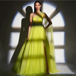 Elegant Long Green Beaded Evening Dresses With Cape A-Line Tulle One Shoulder Sweep Train Zipper Back Prom Dresses for Women