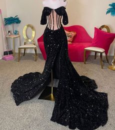 Charming Exposed Boning Prom Dresses Off the Shoulder Receiption Dress with Side Split Velvet Sequin Illusion Waist Birthday Party Gown