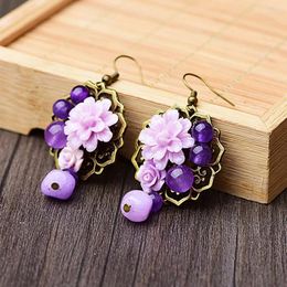 Stud Earrings National Wind Female Purple Jade Retro Temperament Atmosphere Handmade Irregular Jewellery