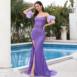 Casual Dresses Elegant Sexy Purple Sequined Party Women Summer 2024 Backless Split Strapless Cocktail Prom Evening Mermaid Long Dress