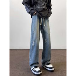 Washed Distressed Jeans, Men's Trendy Instagram High Street Beggar Pants, Spring and Autumn Ruffian Handsome Loose Wide Leg Pants