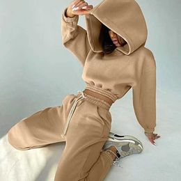 Fall Winter New Cropped Hoodie 2 Piece Sport Pants Set Fleece Womens Tracksuit Set