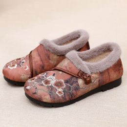 Flats Fur lined ballet flats women's Chinese style floral loafers ladies winter warm shoes plush moccains woman elegant slip on loafer