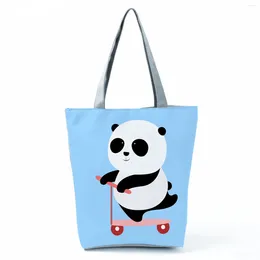 Bag Cartoon Panda Printed Handbag High Capacity Eco Reusable Blue Shopping Animal Graphic Foldable Outdoor Travel Beach Tote