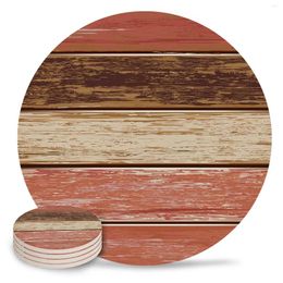 Table Mats Rustic Retro Wood Grain Texture Red Round Coffee Kitchen Accessories Absorbent Ceramic Coasters