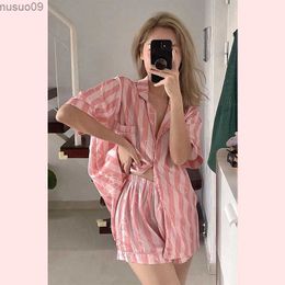 home clothing Summer pink striped womens pajama set with soft buttons artificial silk pajamas short sleeved shirts and pants silk dyed HomeWearL2403