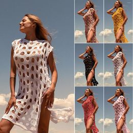 Knitwear Women Wraps Bikini Cover Ups Round Neck Big Hole Hollow Out Sexy Beach Dress Side Slit Solid Colour