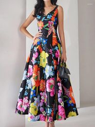 Casual Dresses Fashion Women Floral Print Midi Dress Spaghetti Strap Elegant A-Line Chic Party Birthday Prom Female Clothes Robe