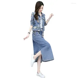 Work Dresses Skirt Women's Denim Suit Spring Autumn 2024 Female Coat Temperament Show Thin Printing Cowboy Ladies Two Piece