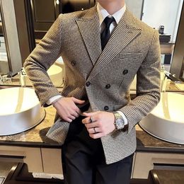 British Style Men Double Breasted Slim Fit Blazer 2023 Houndstooth Suit Jacket Formal Business Wedding Dress 240311