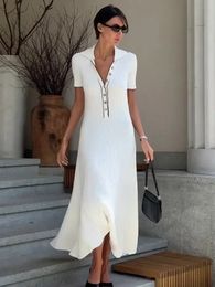Tossy White Knit Fashion Maxi Dress For Women Short Sleeve Patchwork Elegant Party Lapel High Waist Knitwear Womens 240314