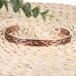 Bangle Copper Bracelet Fish Engraved 99.99% Pure Magnetic Health Energy With 3500 Gauss Adjustable Size