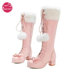 Boots Lolita High Boots Winter Warm Fur Neck Girls Cosplay Party JK Princess Shoes Lace Up Bowtie Chunky Heel Side Zipper PU Leather