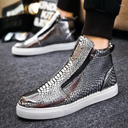 Casual Shoes Trendy Zippers Design Men High Top Sneakers Silver Luxury Crocodile Brand Leather Glitter Men's Vulcanized