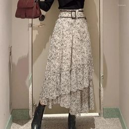 Skirts WAKUTA Japanese Early Spring Faldas Mujer Moda 2024 Gothic High Waist Lace Up Slim Flower Print Jupe Irregular Pleated