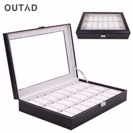 OUTAD Casket 24 Grid Watch Box Glass Black Leather Wristwatch Storage Case Organiser Classical Holder Foam Pillow2074