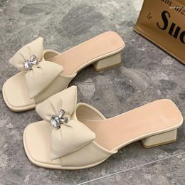 Slippers Bow Crystal Women 2024 Low Heels Sandals Summer Open Toe Slides Slingback Flip Flops Shoes Cosy Pumps Zapatillas Mujer