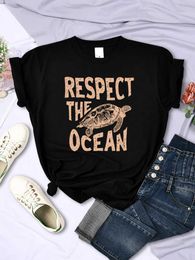 Women's T-Shirt Respect The Ocean Green Turtle Cotton T-shirt suitable for womens breathable all math short sleeved oversized casual T-shirt top tier 24323