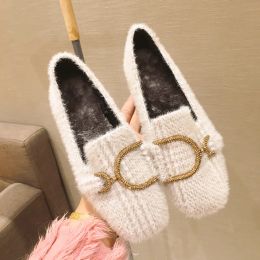 Flats New Loafers Shoes Fashion Designer Women's Autumn And Winter 2022 Fur Warm Flat AllMatch Mink Wool Cotton Office Ladies Shoes