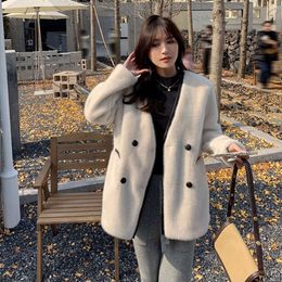 Urban European Sable Temperament Classic Ya Fur V-neck Collar Middle Length Double Breasted A-shaped One Piece Coat