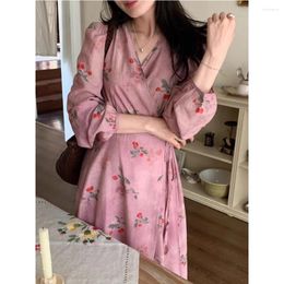 Casual Dresses French Style Elegant Women Pink Long Floral Print One-piece Lace Up Soft Vestidos Female Spring Summer Retro Frocks
