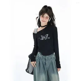 Women's T Shirts Skew Collar Off One Shoulder Long Sleeve T-shirt Women Korean Fashion Bufferfly Print Y2k Aesthetic Gothic Black Tshirt