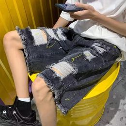Men's Jeans Casual Denim Shorts Summer With Elastic Drawstring Waistband Pockets Solid Colour Wide Leg Ripped For A