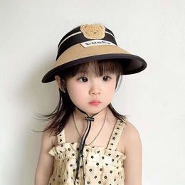 Children's Summer Black Glue, UV and Sun Protection Girls' Empty Top Straw Hats, Large Brims, Cute Little Bear Hats
