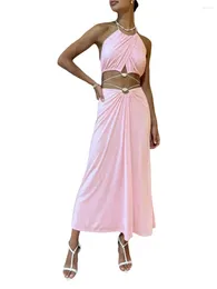 Work Dresses Women S Summer 2 Piece Outfits Rib-Knit Tie-Up Backless Halter Crop Tops And Long Skirt Beach Boho Set