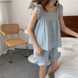 home clothing Plain weave womens pajama shorts set pajamas Korean Kawaii flying sleeve pajama pleated edge summer home clothing set casual wear evening dressL2403