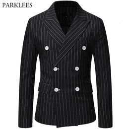 Black Striped Men Blazer Fashion Double Breasted Mens Suit Jacket Coats Casual Business Tuexdo Costume Homme Casaco Masculino 240311