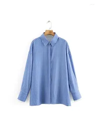 Women's Blouses Ladies Fashion Single Breasted Turn-Down Collar Long Tops Womens Casual Office Style Striped Print Loose Blue Shirts