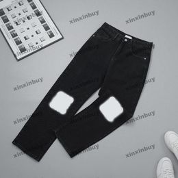 xinxinbuy Men women designer pant paris Knee floral letter print denim Spring summer Casual pants Black blue S-2XL