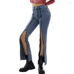 Women's Jeans Women Pocket Button Denim Zipper Metal Split Hem Middle Waist Casual Party Street Loose Sliming Pants 2024 Clothing