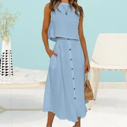 Work Dresses 2Pcs/Set Crew Neck Side Pockets Single Breasted Casual Outfit Solid Color Short Vest Midi Skirt Set Female Clothing