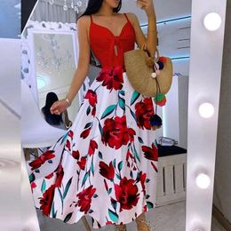 Casual Dresses High Waist Open Back Sleeveless Women Sundress 2024 Summer Sexy V-Neck Long Dress Sling Print Beach Femme Vestido