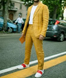 ANNIEBRITNEY Summer Gold Linen Wedding Suits Beach Groom Tuxedos Bridegroom Men Suits Man Blazer Costume Casul Suit for Men4758306
