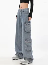 Women's Jeans Blue Cargo Vintage 2000s Y2k Fashion Aesthetic Baggy Denim Trouser Korean High Waist Wide Leg Cowboy Pants Clothes