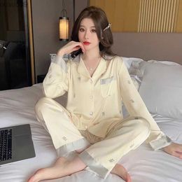 home clothing Womens 2 sets of ice silk pajamas womens pajamas spring and summer new long sleeved casual cardigan sweater sweet and cute womens pajamasL2403