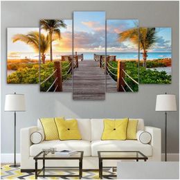 Paintings Modar Pictures Framework Hd Print Modern Home Decor 5 Panel Coast Board Walk Palms Beach Living Room Wall Art Painting Dro Dhh0X
