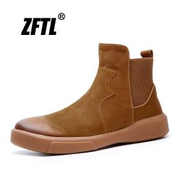 Boots ZFTL New men ankle boots genuine leather man Chelsea boots brown Trend tooling shoes autumn winter slipon male Basic boots 2023