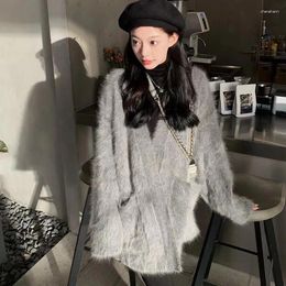 Women's Knits Winter Clothes Angora Mink Cashmere Cardigan Medium Length Loose Thickness Warm Knitted Sweater Outwear C818