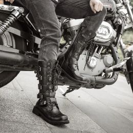 boots Size 3846 Men's Leather Motorcycle Boots Midcalf Military Combat Boots Gothic Belt Punk Boots Men Shoes Rock Punk Shoes