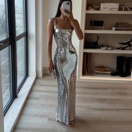 2024 Spring European and American Cross border New Product Fashionable and Sexy Sequin Strap Square Neck Open Back Dress Dress Dress