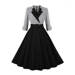 Casual Dresses 2024 Notched Collar 3/4 Sleeve Autumn Winter Women Vintage Dress Clothes Plaid Black Elegant Ladies Rockabilly Cotton