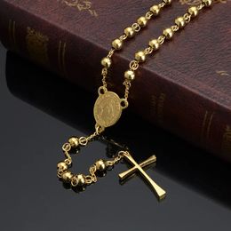 Halskette mit Jesus-Kreuz-Anhänger, Edelstahl, goldfarben, für Frauen, religiöser christlicher Schmuck, Rosenkranz, einfache Geschenke 240311