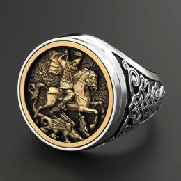 Punk Cool Mens Finger 14K Gold Ring Dual Metal Rome Soldier Horse Dragon Rings Fashion Jewellery bague homme